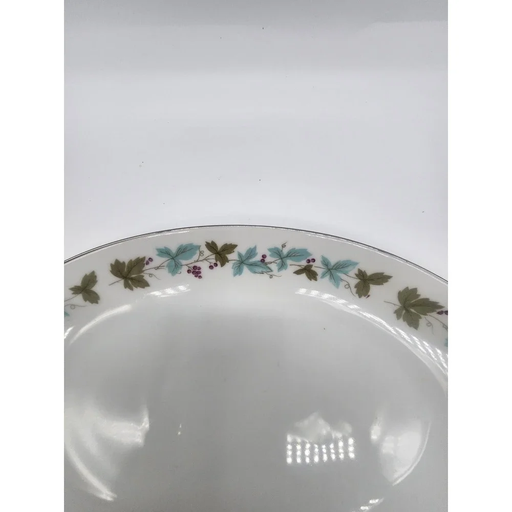 Vintage Fine China Japan 6701 Oval Platter Teal Green Leaf Berry Silver Rim 10